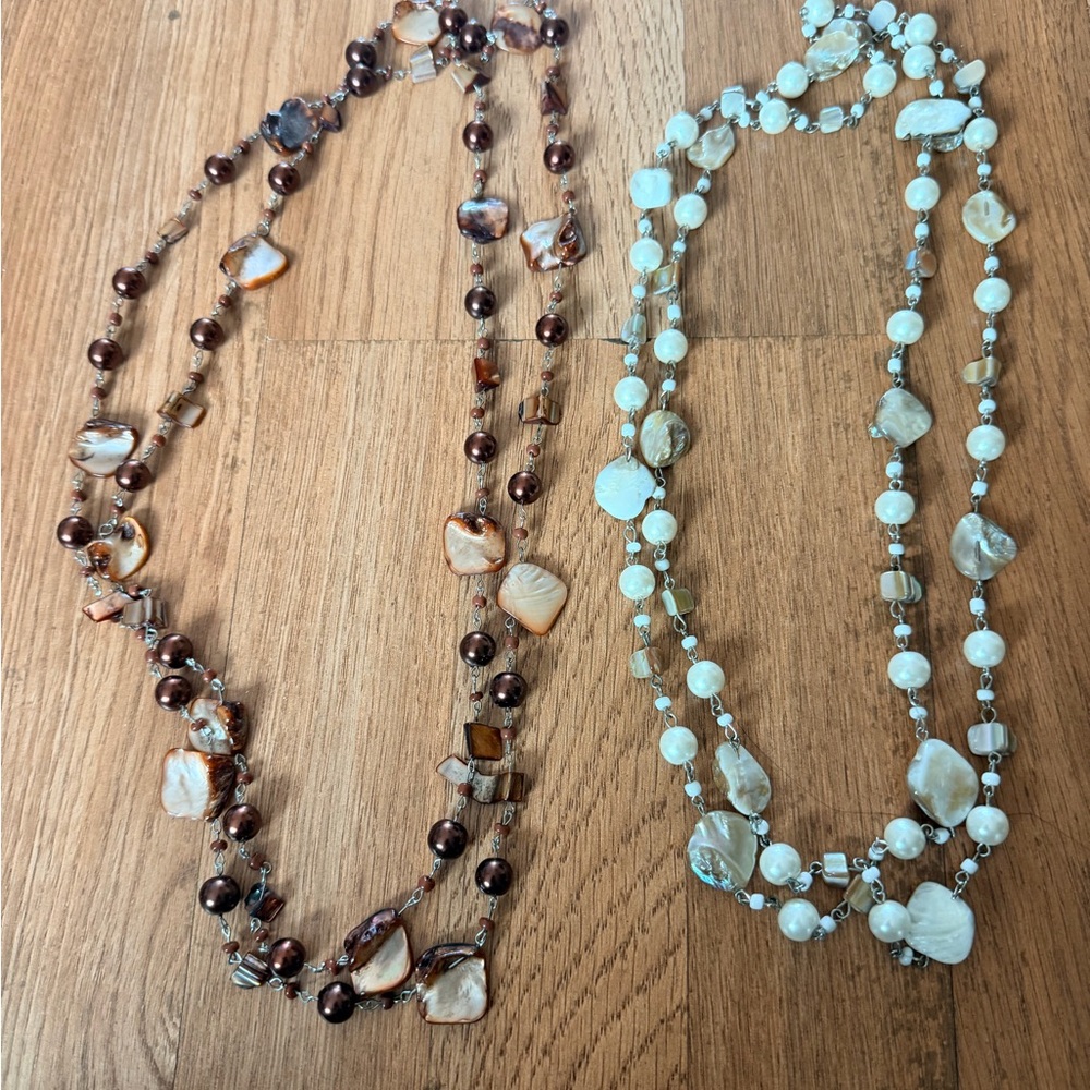 Vintage Layered Light cream and Brown Beaded Shell Necklace Set